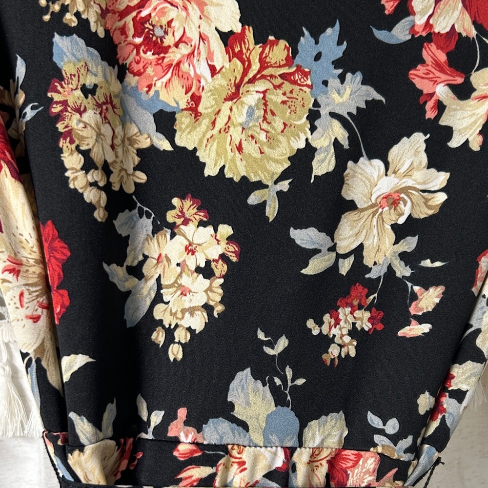Black Floral Wrap Maxi Dress with Red & Cream Blooms - Picture 7 of 8